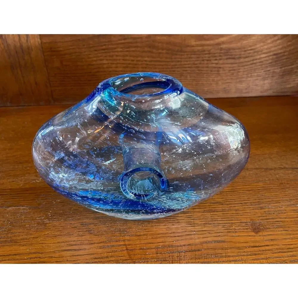 Italian Art Glass Vase with Donut Hole Blue Ribbon Swirls Hand Blown 7